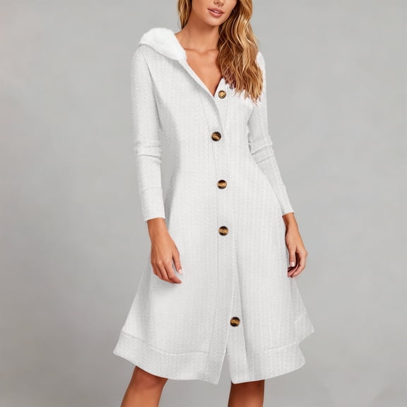 Zorckvet Womens Button Down Dresses Trendy Solid Color Hooded V Neck Open Front Fashion Dress for Ladies Long Sleeve