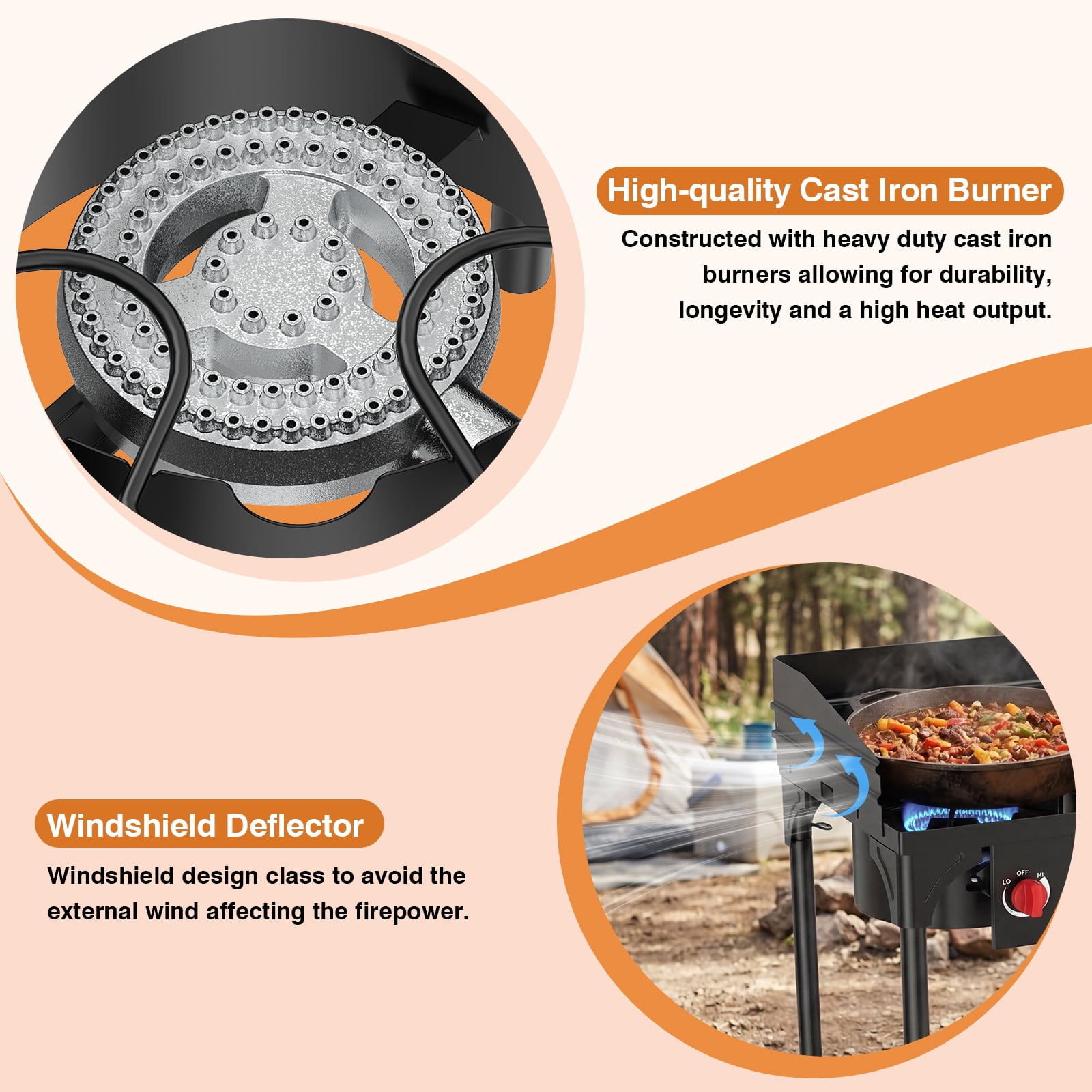SIXDAY 3 Burner Propane Outdoor Stove with Wind Guards, 225,000 BTU Portable Gas Cooker with Removable Legs, High Pressure Camping Stove for Outdoor Cooking, Tailgating & Frying