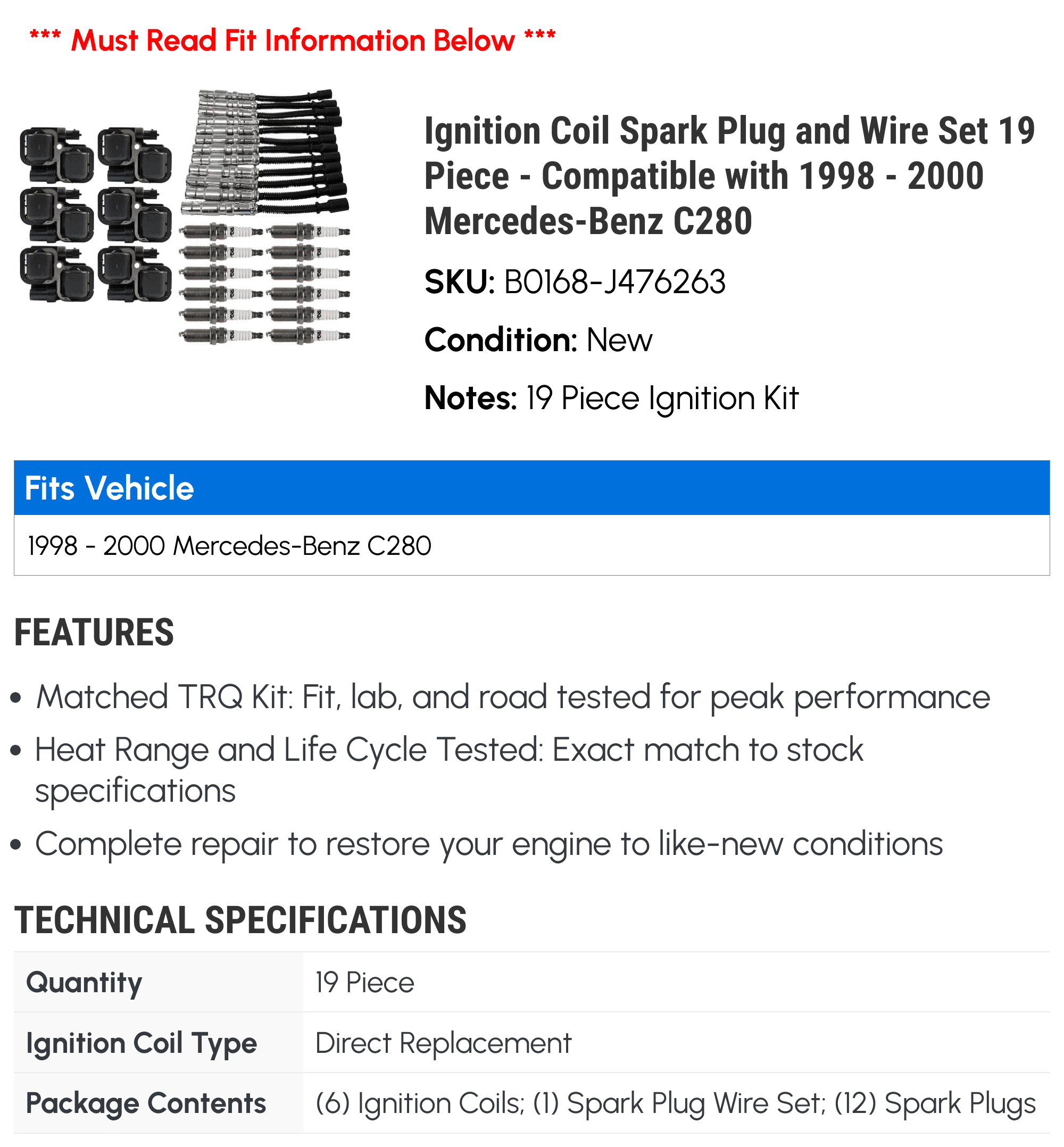 Ignition Coil Spark Plug and Wire Set 19 Piece - Compatible with 1998 - 2000 Mercedes-Benz C280 1999