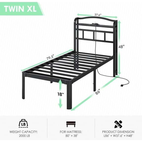 Twin XL Bed Frame with Storage Headboard,    Projector & Charging Station, 18 Inch Heavy Duty Metal Platform Bed No Box Spring Needed