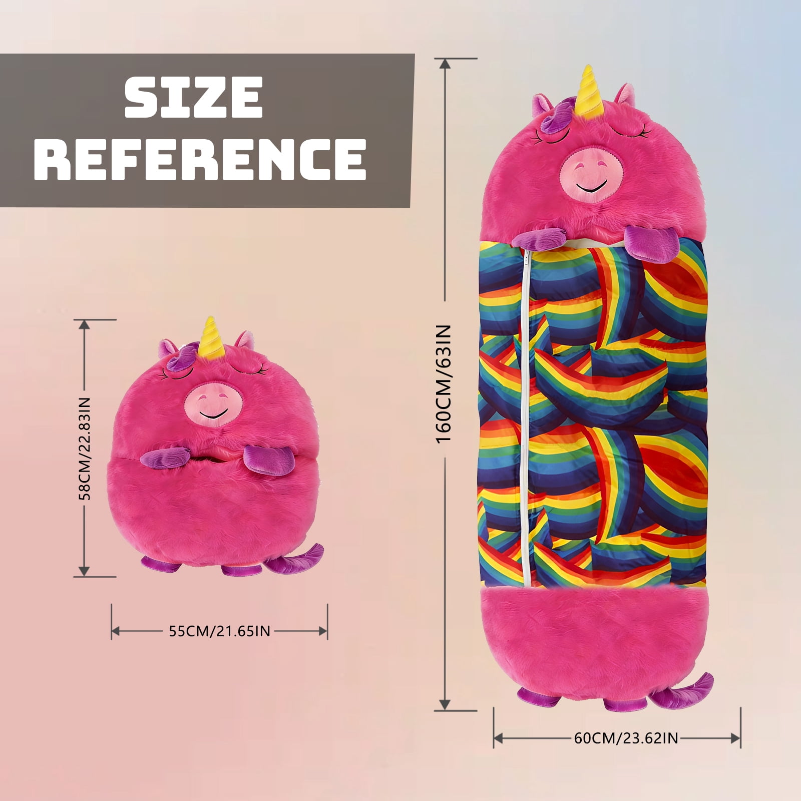 Kids Unicorn Sleeping Bag with Pillow - 2-in-1 Foldable, All Seasons, Soft & Warm (63"x24")-Pink M