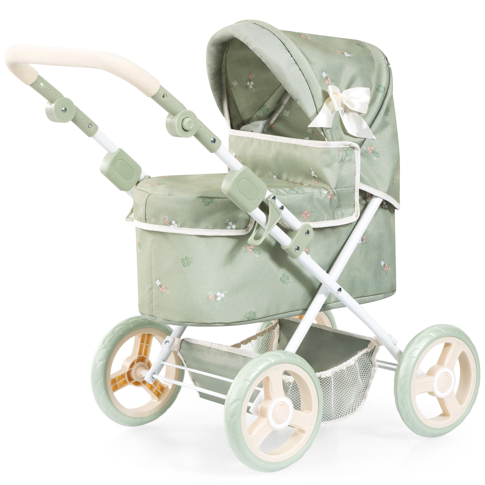 Bayer Design: Doll Pram Trendy - Green & Flowers - Play Push Stroller, Handbag, Adjustable Handle, Foldable, Toy Care Accessory Fits 18" Dolls, Kid 3+