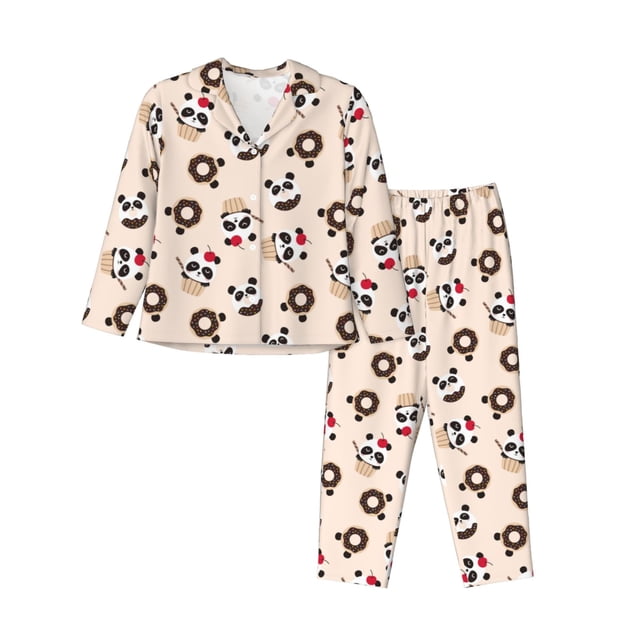 Fotbe Panda Ice Creams Donuts Conjunto de Pijama de Manga Larga para Mujer con Estampado, Ropa de Dormir de 2 Piezas, Conjunto de Casa Suave y Cómodo con Bolsillos-Small