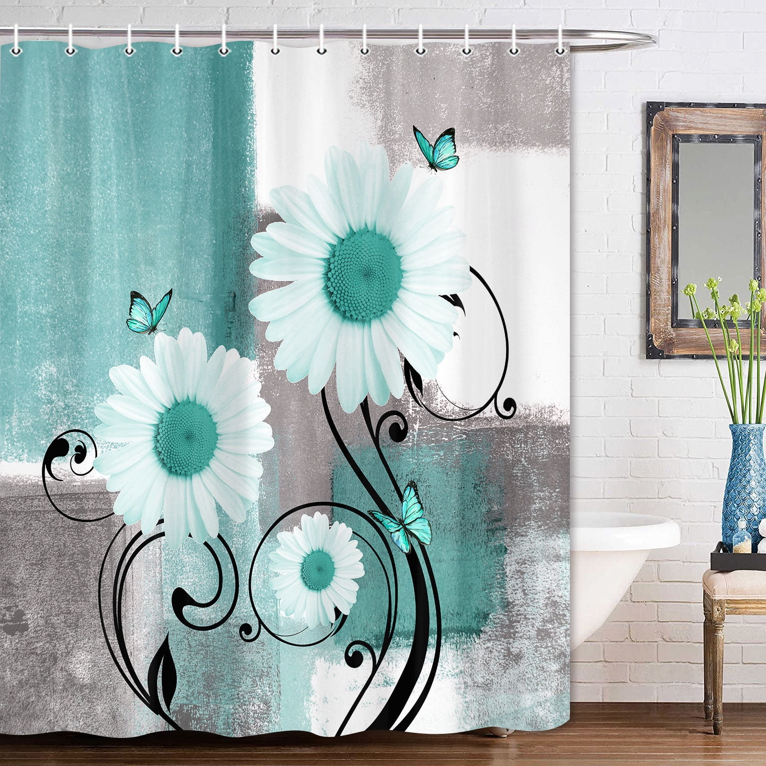 Farmhouse Daisy Shower Curtain - Green Gray Abstract Floral Bathroom Decor with White Flowers, Washable Fabric Modern Design, 54x70 Inch