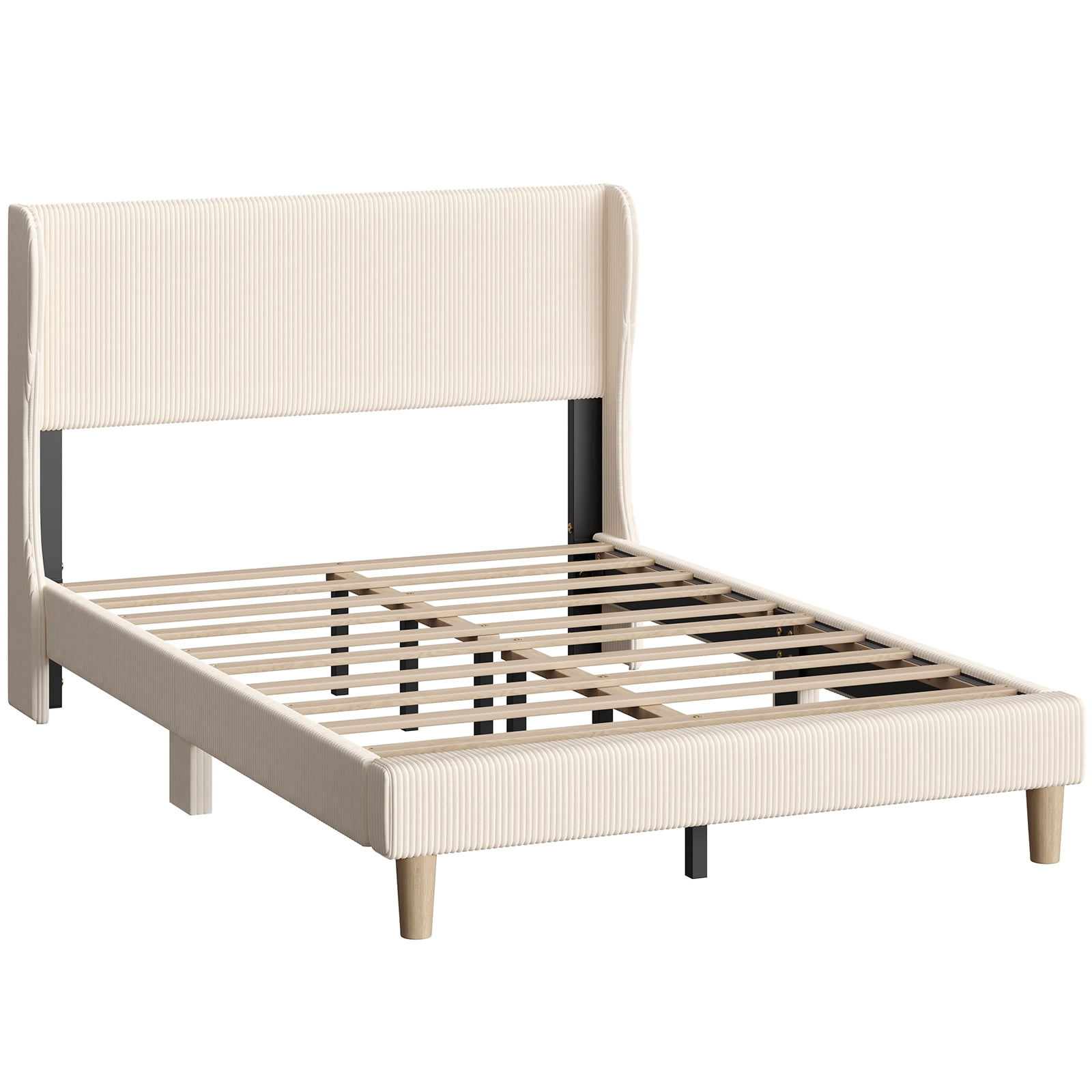 Bestier Full Size Corduroy Bed Frame with Wingback Headboard, Upholstered Platform Bed with Wood Slats, No Box Spring Needed, Beige