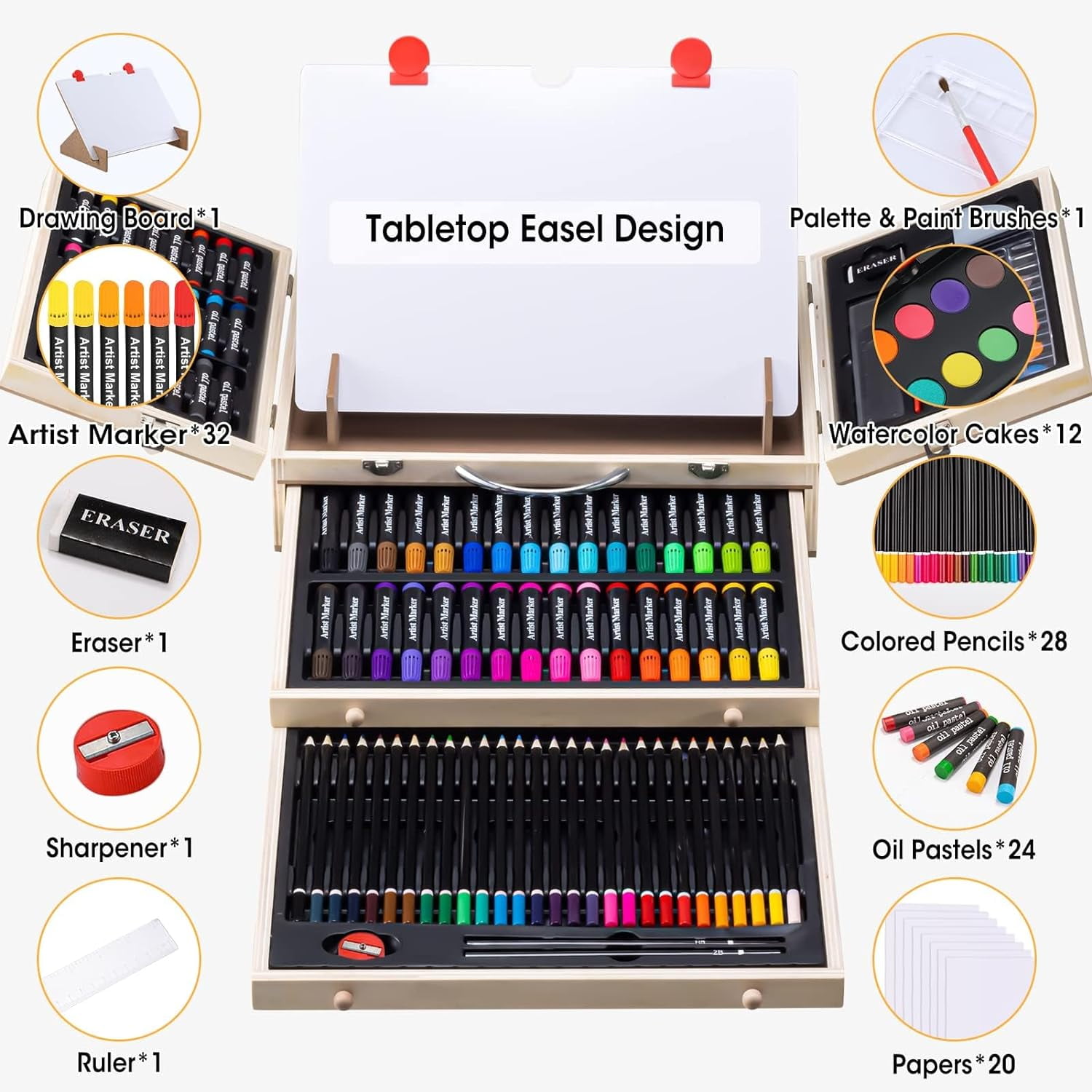 Art Supplies, 127 Piece Deluxe Wooden Art Set with Easel, Painting Supplies  in Portable Case for Painting & Drawing, Professional Art Kits for Teens