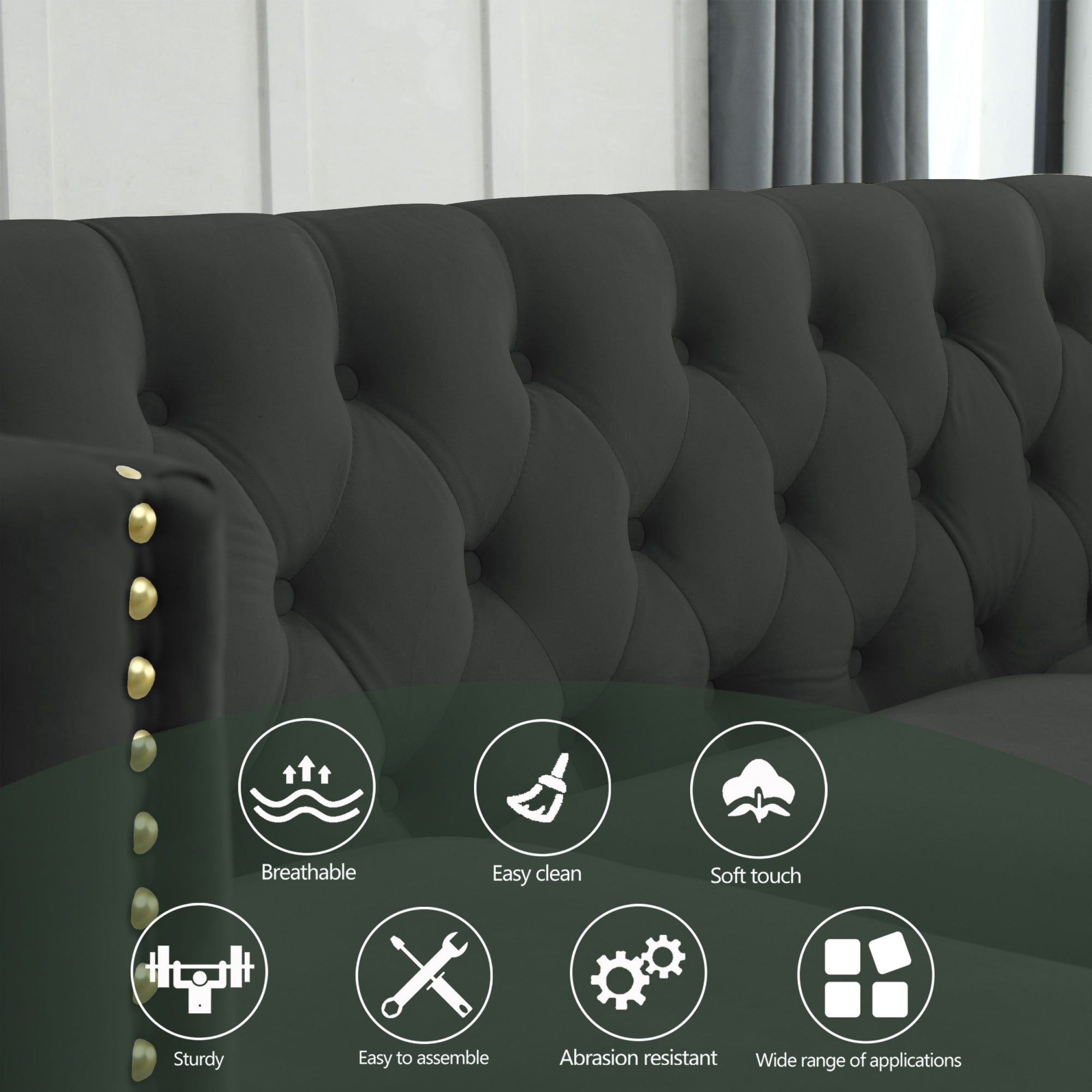 Sailvan 67" Modern Velvet Sofa, Button Tufted Chesterfield 3-Seater Couch with Nailhead Trim and Metal Legs for Living Room Black