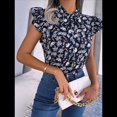 thumbnail image 4 of Blusas Bohemias de con Cuello Alto, Corta con Volantes y Estampado Floral para Mujer, Estilo Informal, Elegante, de Verano 2025. Azul Oscuro XL, 4 of 7