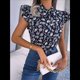 thumbnail image 4 of Blusas Bohemias de con Cuello Alto, Corta con Volantes y Estampado Floral para Mujer, Estilo Informal, Elegante, de Verano 2025. Azul Oscuro XL, 4 of 7