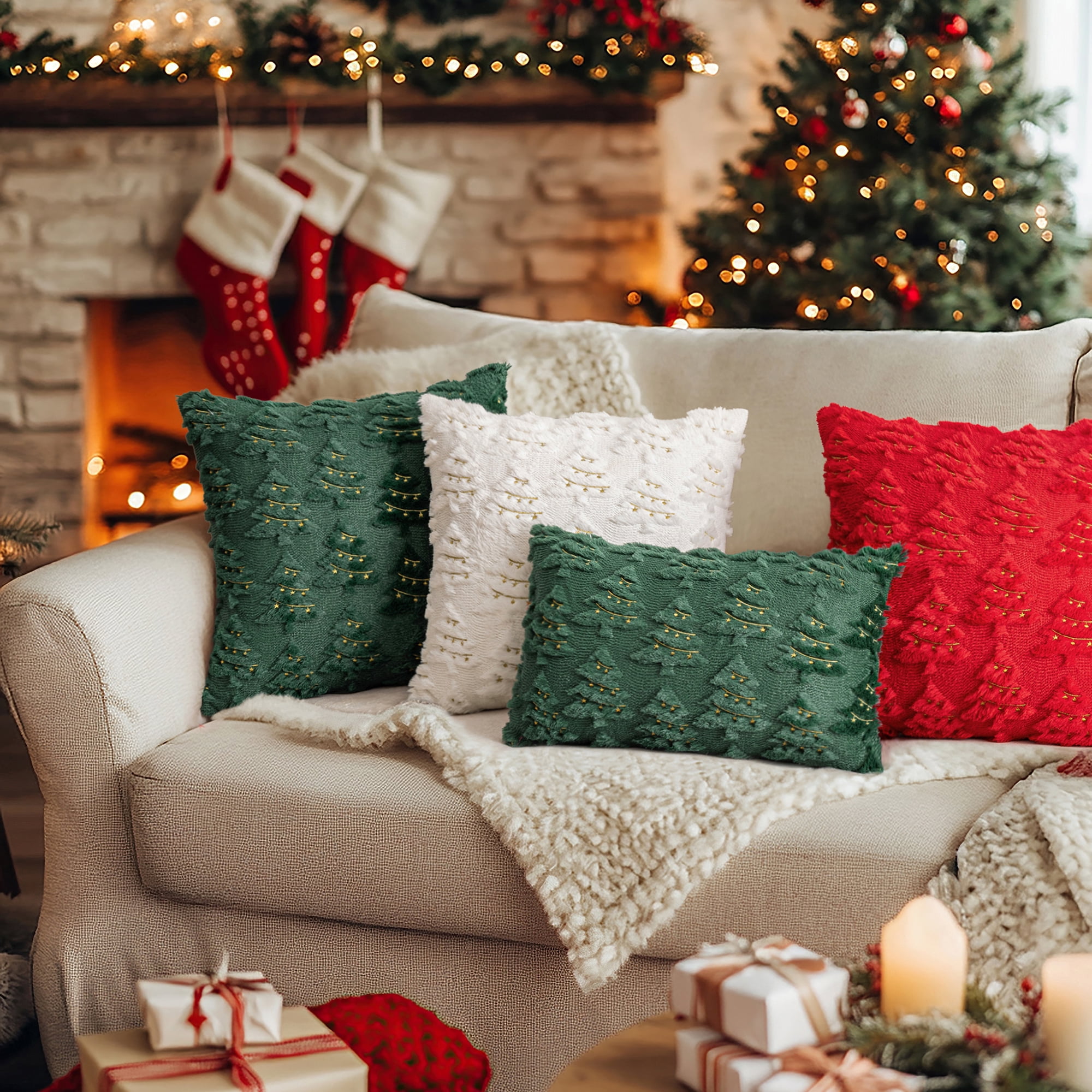 Christmas Tree Decorative Throw Pillow Covers Set of 2, Faux Fur Farmhouse Throw Pillows Cushion Cases for Xmas Winter Holiday Home Decorations