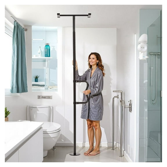 Floor to Ceiling Transfer Pole, Bathroom Grab Bar - 300 Lbs Capacity, Adjustable 7-10 Ft, Senior Safety Handrail, Anti-Slip Curve Handle, Black