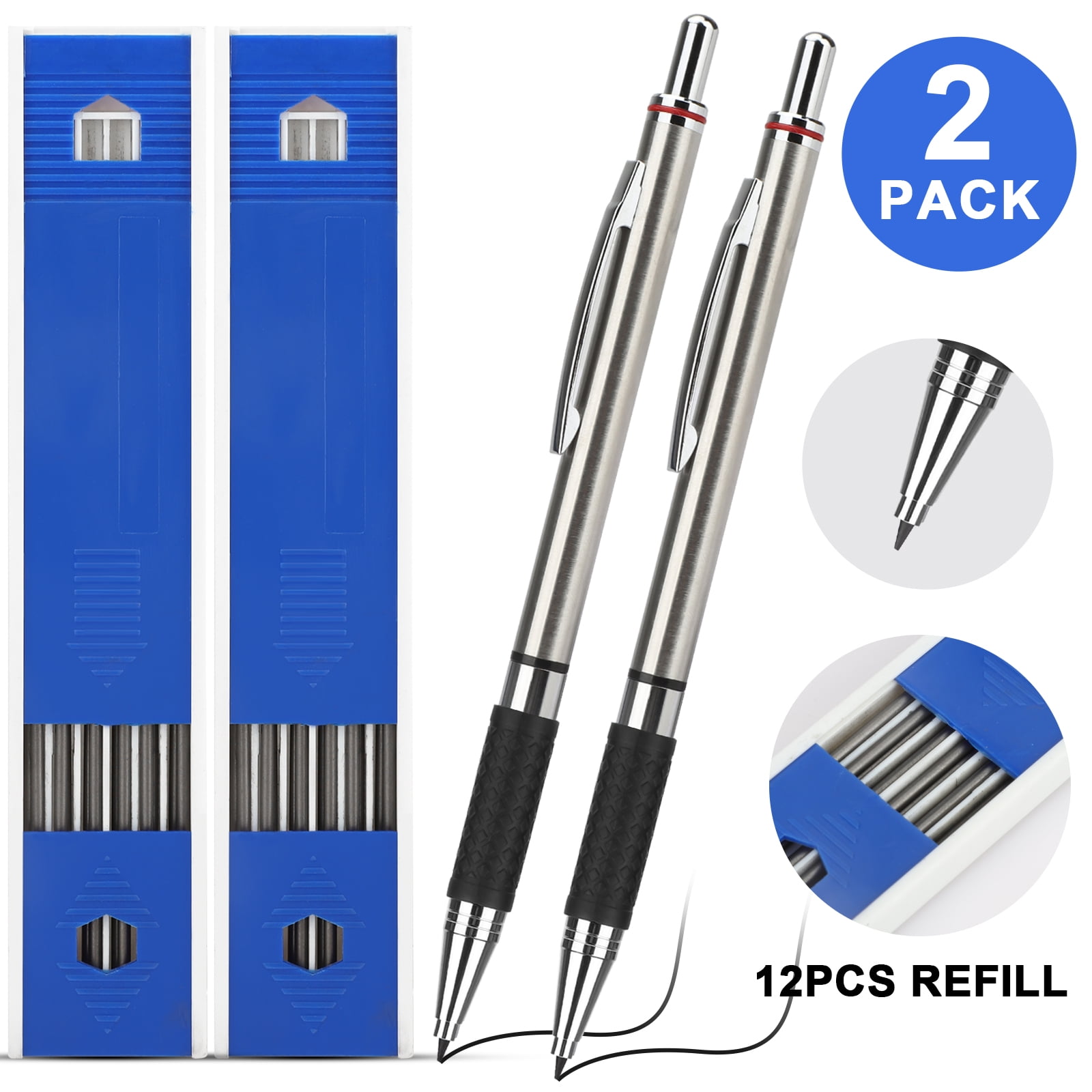 2 MM Mechanical Pencil Set with Case, TSV Metal Mechanical Pencils with 2 Tubes HB Graphite Lead Refills (24 Pcs), Professional Art Pencils for Drafting, Drawing, Writing, Carpenter, Sketching