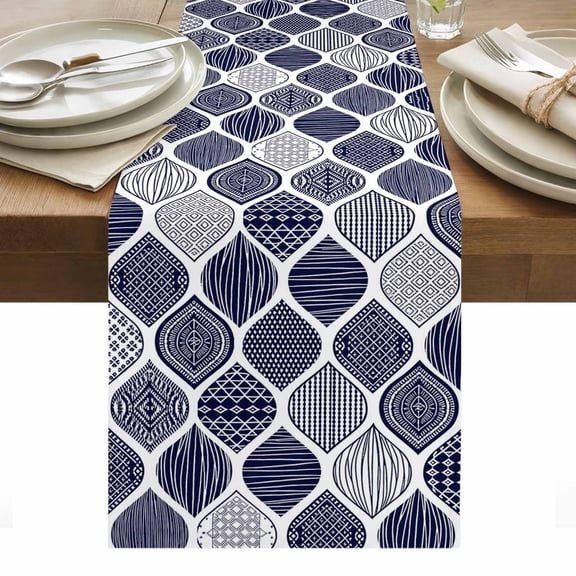 Blue Boho Table Runner - 48 Inch Long, Kitchen Dining Table Runner Dresser Scarves, Vintage Country Ethnic Abstract Gingham Farmhouse Decor for Coffee Tables Wedding Party Banquet
