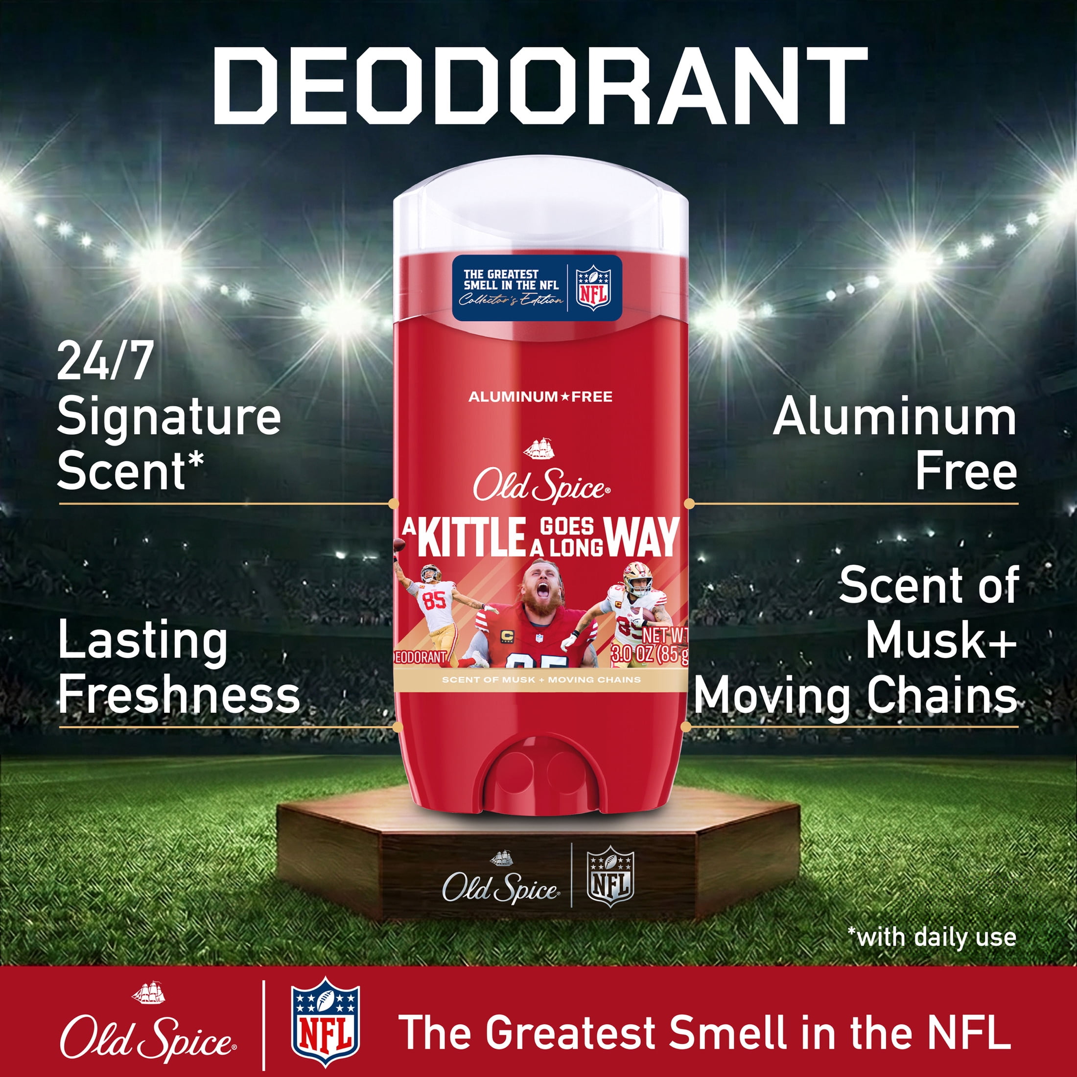 Old Spice Deodorant for Men, Aluminum Free, NFL Collection, George Kittle, Scent of Musk + Moving Chains, 3.0 oz