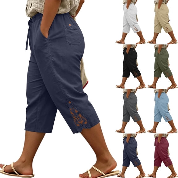 Luvrsol Plus Size Womens Capri Pants Relaxed Fit Wide Leg Elastic Waist Lightweight Casual L-5XL