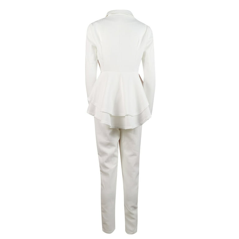 YUEHAO Pants For Women Women Fashion Solid V-neck Ruffles Patchwork Long  Sleeve Coat Pants Suit (White)