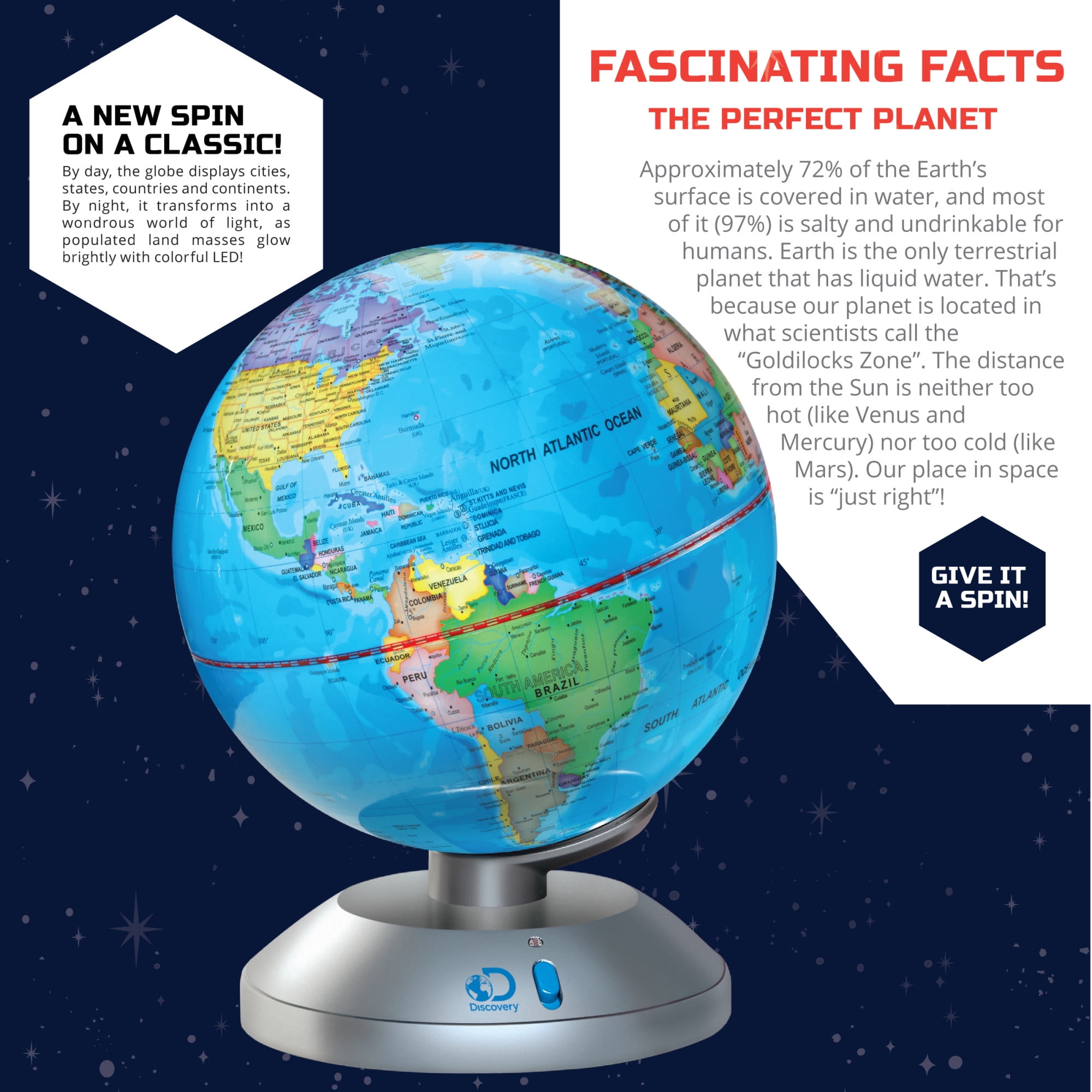 Discovery #Mindblown 2-in-1 World Globe LED Lamp w/Day & Night Modes, STEM Geography Map Educational Toy for Children