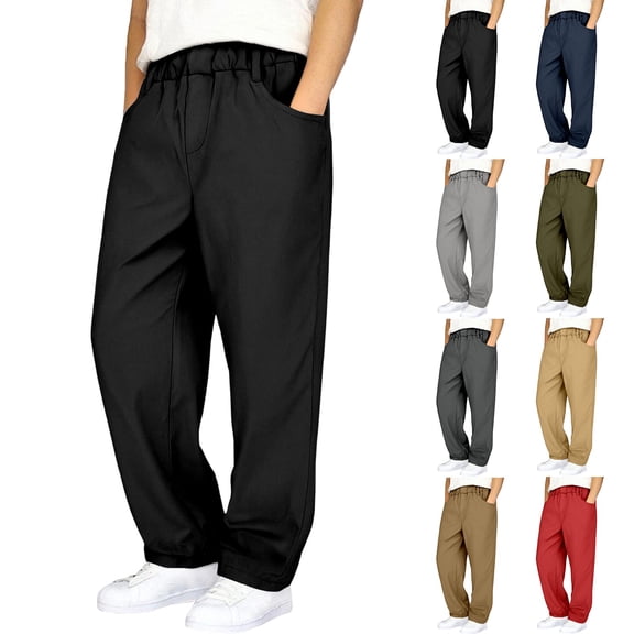 LRen Boys School Uniform Pants Straight Leg Elastic High Waisted with Pocket Loose Long Trousers Back To School Clothes,Navy,9-10 Years
