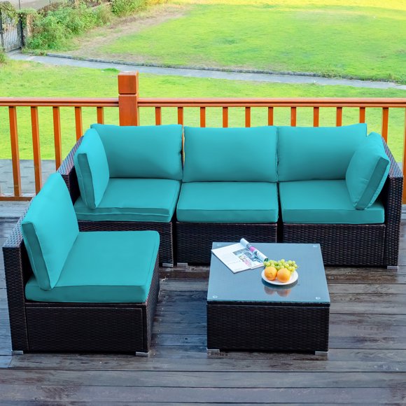 Costway 5PCS Patio Rattan Furniture Set Cushioned Sofa Chair TeaTableTurquoise