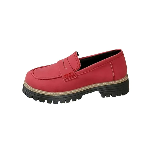 Hopeusnice Mid-Heels Shoes Non-Slip Breathable Pu Fall Slip-Ons Trendy Thick-Soled Platform Mid-Heel Classic Loafers Soft Pumps Shoes Round Toe Office Shoes Comfortable Walking Shoes Red 39