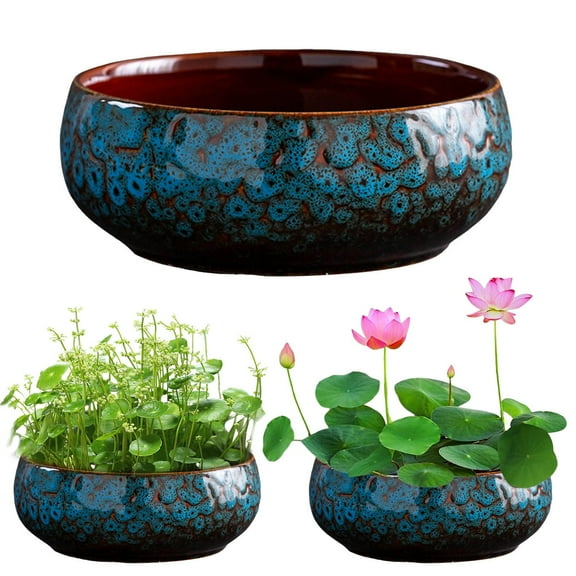 Meottam Creative Lotus Bowl Planter, Ceramic Personality Bonsai Potted Flower Pot, on-Porous Hydroponic Container Large Caliber Flow Glaze Daffodil Pot Bowl Lotus Water Lily (Blue)