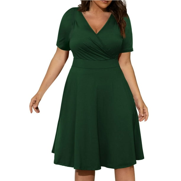 Gibobby Vestidos Casuales para Mujer Verano Mujer Sexy Cuello en V Manga corta Color sólido Swing Vestido de cóctel Casual Vestidos de playa(Verde,G)