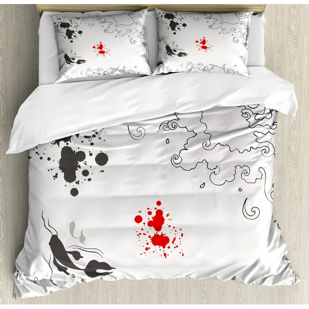 Asian Duvet Cover Set Queen Size Koi, Red Fish Bedding Twin