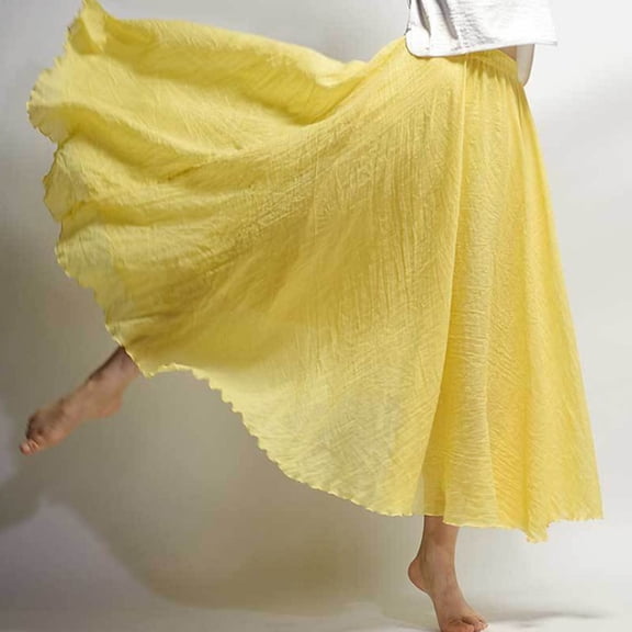 sunsanly Women Casual Maxi Skirt Elastic Waist Solid Color Long Skirt Ethnic Style Large Flowy Hem A-Line Skirt Streetwear