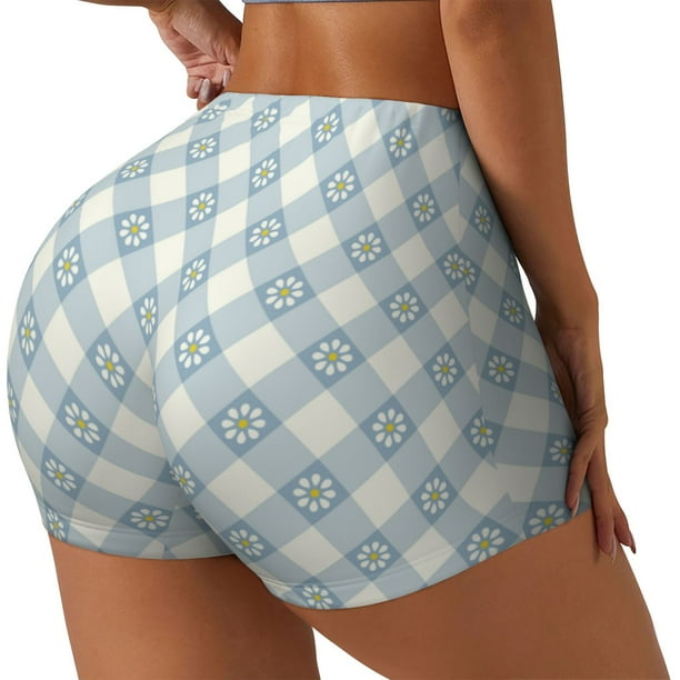 Fotbe Daisy Plaid Blue Shorts Sin Costuras – Shorts Deportivos de Cintura Alta para Mujer, Elásticos para Gimnasio, Yoga, Running o Ciclismo-Small