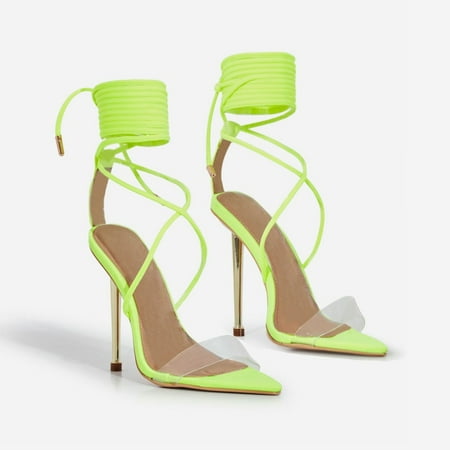 

Luxemoda Nobu Yellow Clear Strap Pointed Toe Tie Up Stiletto Heeled Sandal (6.5 Lime)