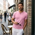 thumbnail image 2 of Nestiefly Mens Cotton Notch Neck T-Shirts Short Sleeve Button Casual Basic Tees Work Shirts 2026 Pink XL, 2 of 8