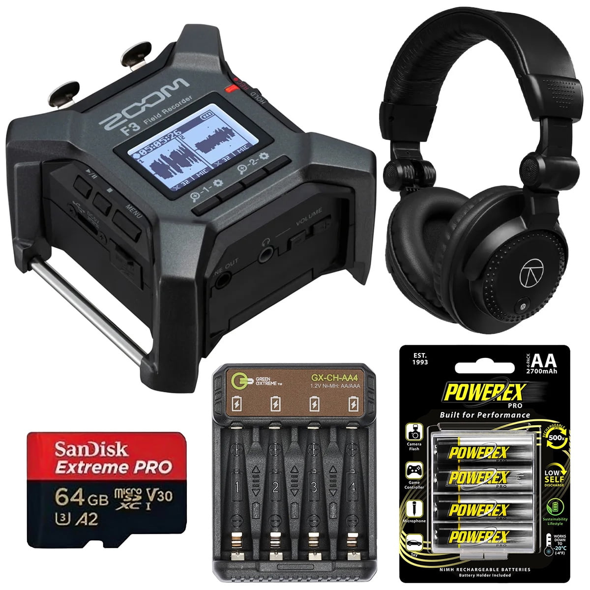 Zoom F3 2-Channel/2-Track Field Recorder, Bundle with 64GB Memory Card, TAPH100 Headphones, 4x AA NiMH Batteries, GX-CH-AA4 4-Bay Charger