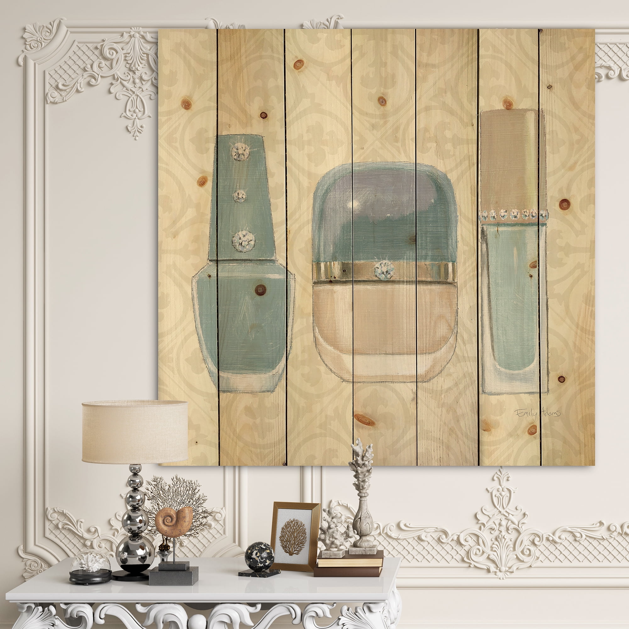 Designart 'Fashion Cosmetics Blue accessories II' Fashion Print on Natural Pine Wood