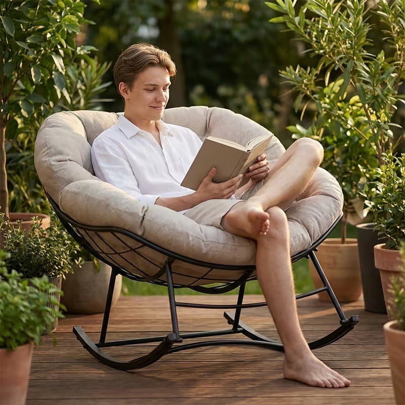 Simenmax Oversized Padded Egg Rocking Chair – 450 lbs Capacity, Anti-Slip Quiet Rocker for Bedroom, Living Room, Balcony & Garden,Beige