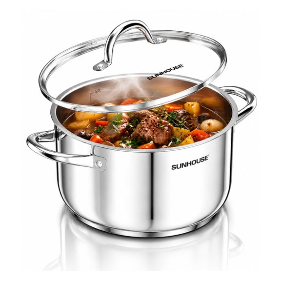 Sunhouse Stock Pot with Lid - 7 QT Large Pot for Cooking Pasta, Soup, Spaghetti - Impact Bonding Base Big Stainless Steel Pots for Canning, Boiling - Oven Safe & Induction Compatible Cookware