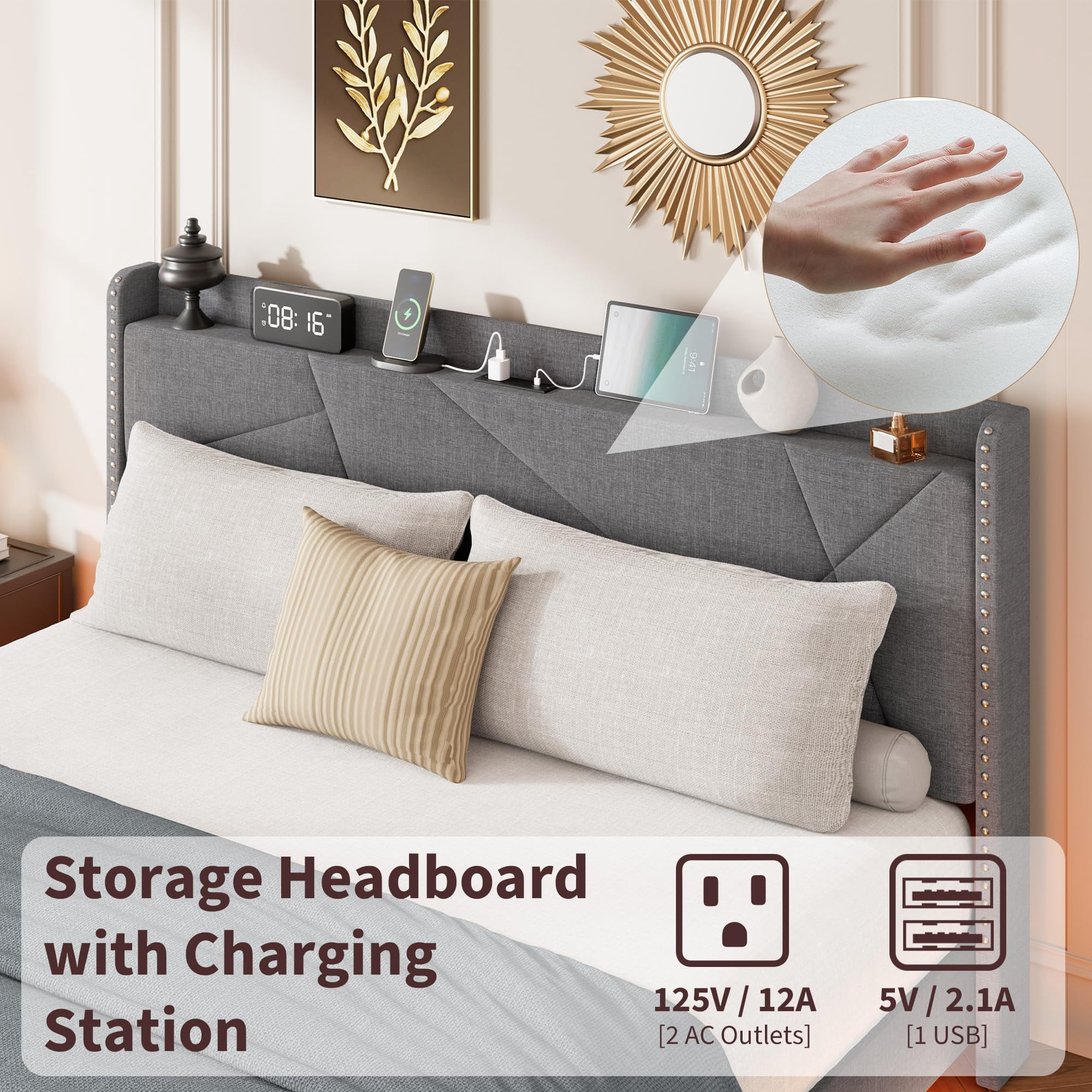 Huisuilinss Floating Bed Frame Full,Queen Size Upholstered Platform Bed With LED Lights & Charging Station,Storage Headboard & Folding Shelves Storage,Metal Slats Support,No Box Spring Needed