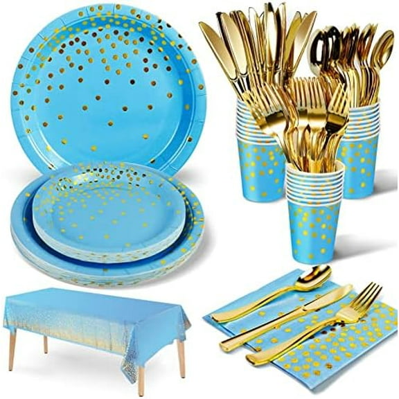 141 Pieces Sky Blue Gold Party Supplies, Disposable Party Decorations Sets Include Paper Plates Napkins Cups, Plastic Forks Knives Spoons, for Baby Shower Birthday Wedding -20 Guests
