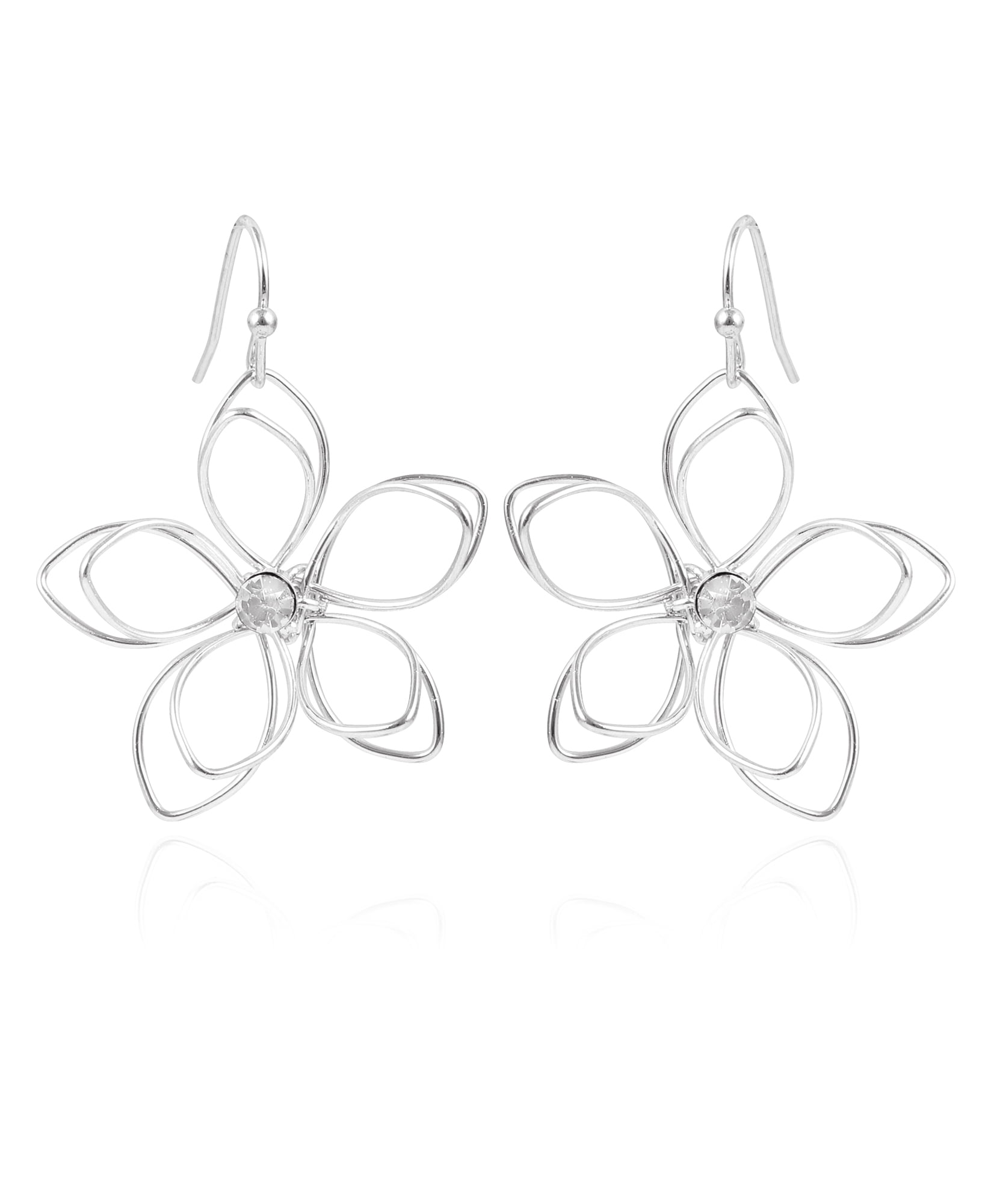 Time & True Women's Open Wire Imitation Rhodium 3D Metal Flower Fishhook Earring. Fashion Basic