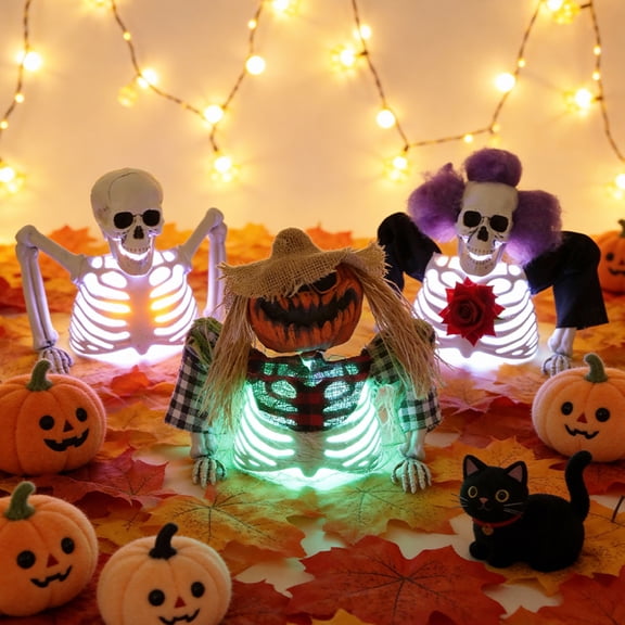 Halloween Decor, Groundbreaker Prop, Halloween Skeleton Decorations, 10X9 Inch Pumpkin Head Torso Skeleton, Spooky Glowing Red Halloween Tabletop Decor for Haunted House and