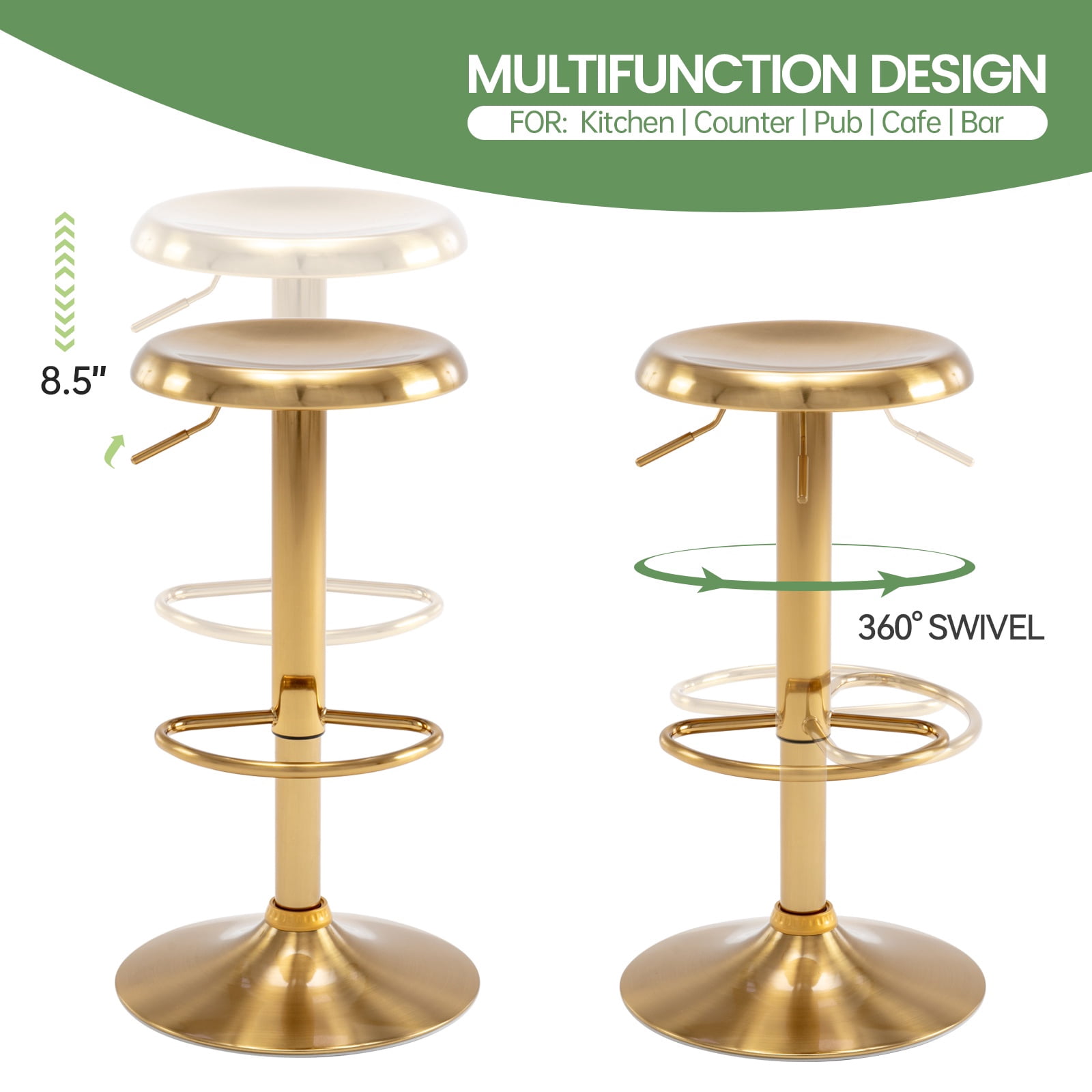 Gold Bar Stools Set of 2, 360° Swivel Round Adjustable Counter Height Bar Stools, Industrial Backless Metal Bar Chairs for Kitchen Island with Footrest