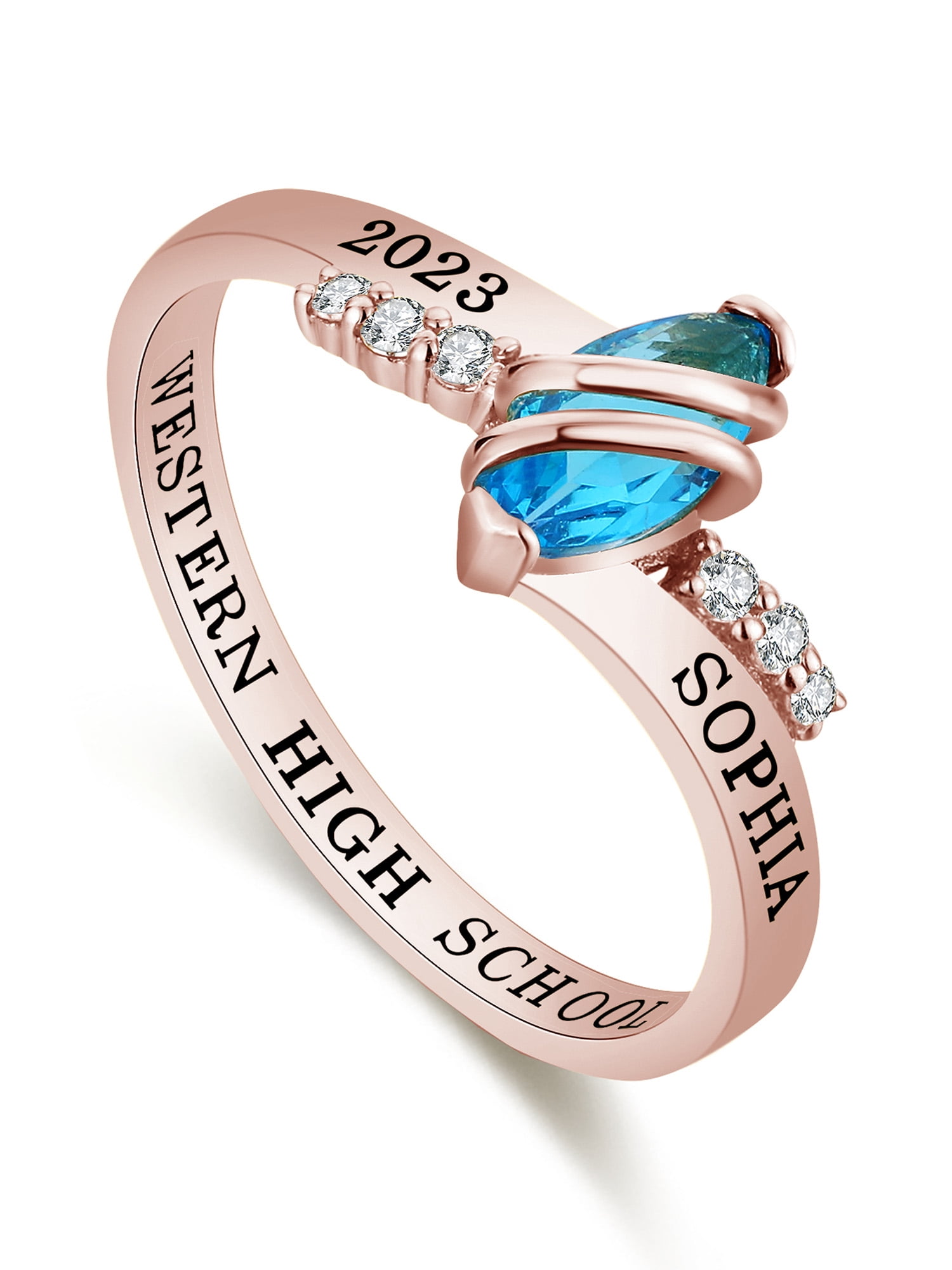 Mementos USA Custom Class Ring for Women High School and College-Sterling Silver/Rose Gold-Moonlight
