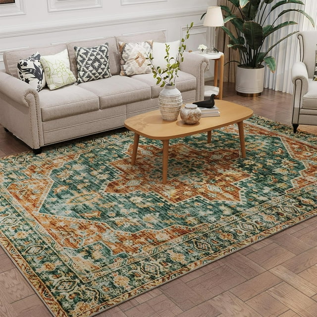 TECHMILLY 5x7 Area Rugs, Machine Washable Rugs Vintage Design, Traditional Non Slip Rugs for Living Room, Bedroom, Green & Red