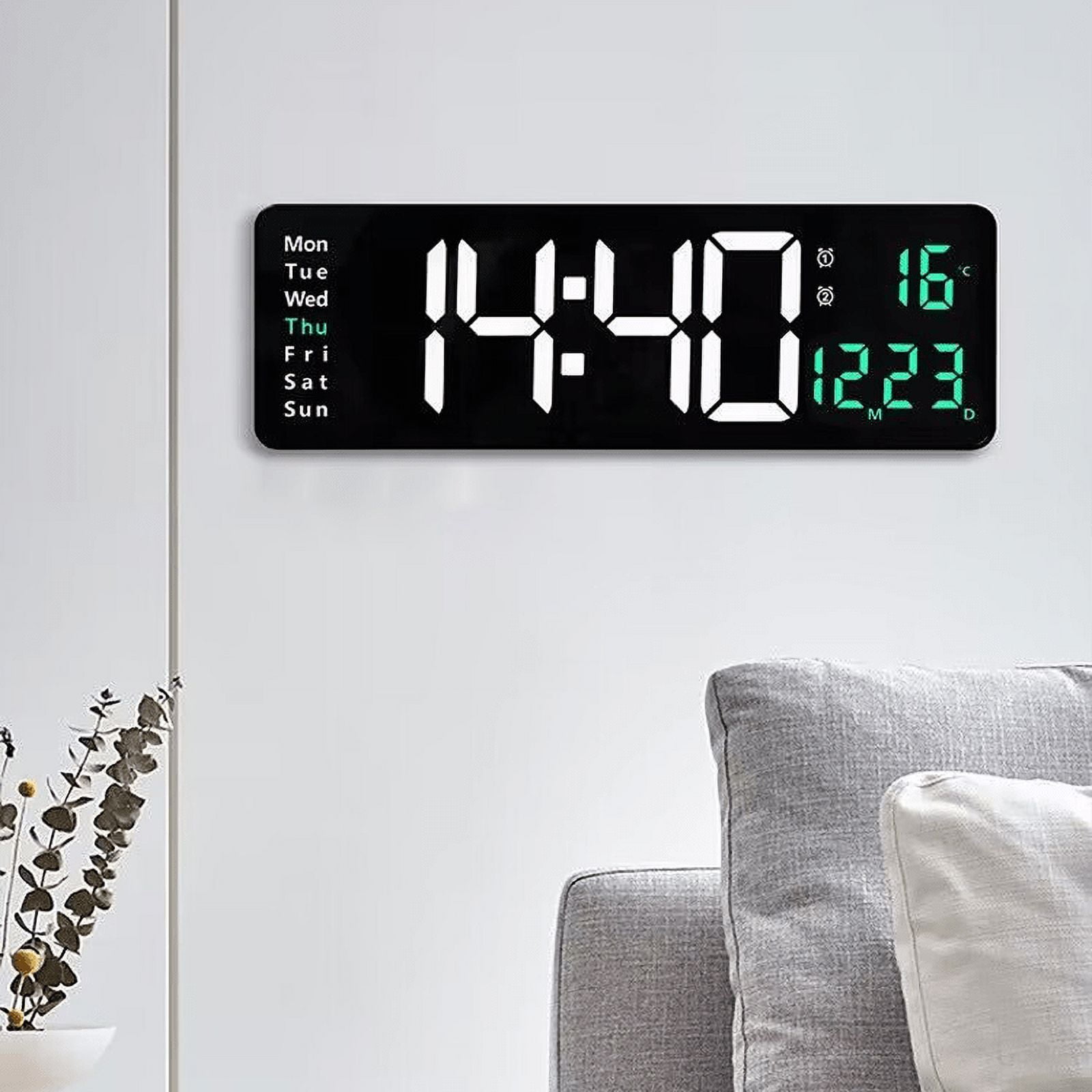 1 Pc 15.6inch Large LED Wall Clock with Timer Countdown Function, Date, Dual Alarm Clock, Time 12/ 24h, Temperature Display, 10 Level Brightness Adjustable, Memory Function, Including 2M Cable