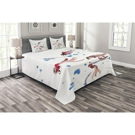 Chinese Quilt Ethnic Bedspread Set, Chinese Traditional Ink Painting Stylized Koi Fish Figures Asian Ethnic Artwork, Decorative Quilted Coverlet Set with Pillow Shams Included, Red and Blue, by Ambesonne ()