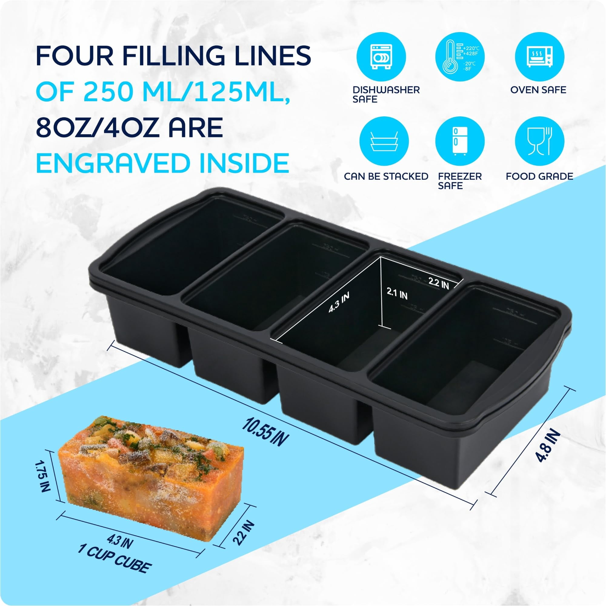 Silicone Freezer Trays With Lid 1-cup Soup Container Large Ice Cube Molds Reinforced Steel Ring Top For Freezing Sauce Broth Leftovers Oven Dishwasher -safe(2-pack)