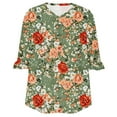 thumbnail image 5 of Tops for Women Plus Size 3/4 Sleeve Ruffle Floral Printed V-neck Casual Three-quarter Sleeve T-shirt Green XXL, 5 of 5