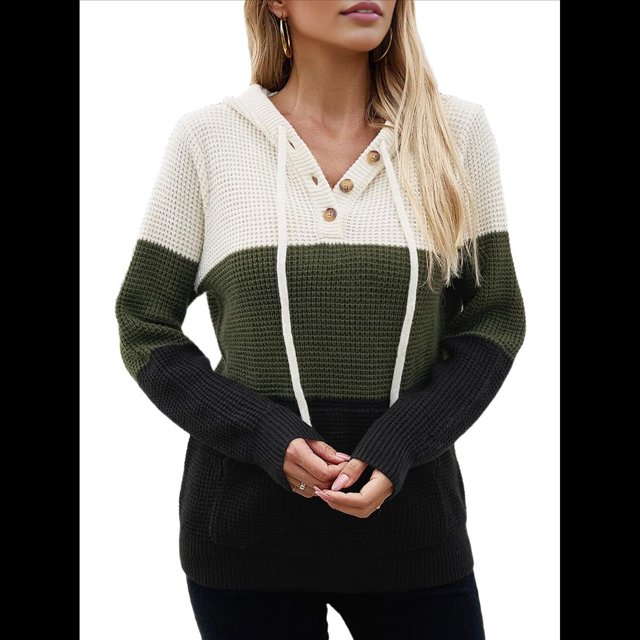 Sudadera de Lana Extragrande con Capucha y Colores Contrastantes para Mujer, de Punto, con Cuello en V, Informal, con Bolsillos y Verde M