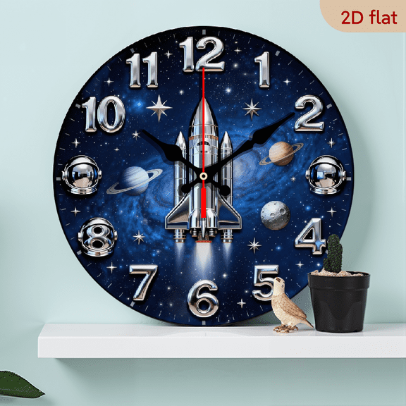 A 10-inch 2D flat "Space Rocket" themed wooden silent wall clock. It is an excellent choice for Halloween/Easter/Christmas gifts and is suitable for modern home decoration art.