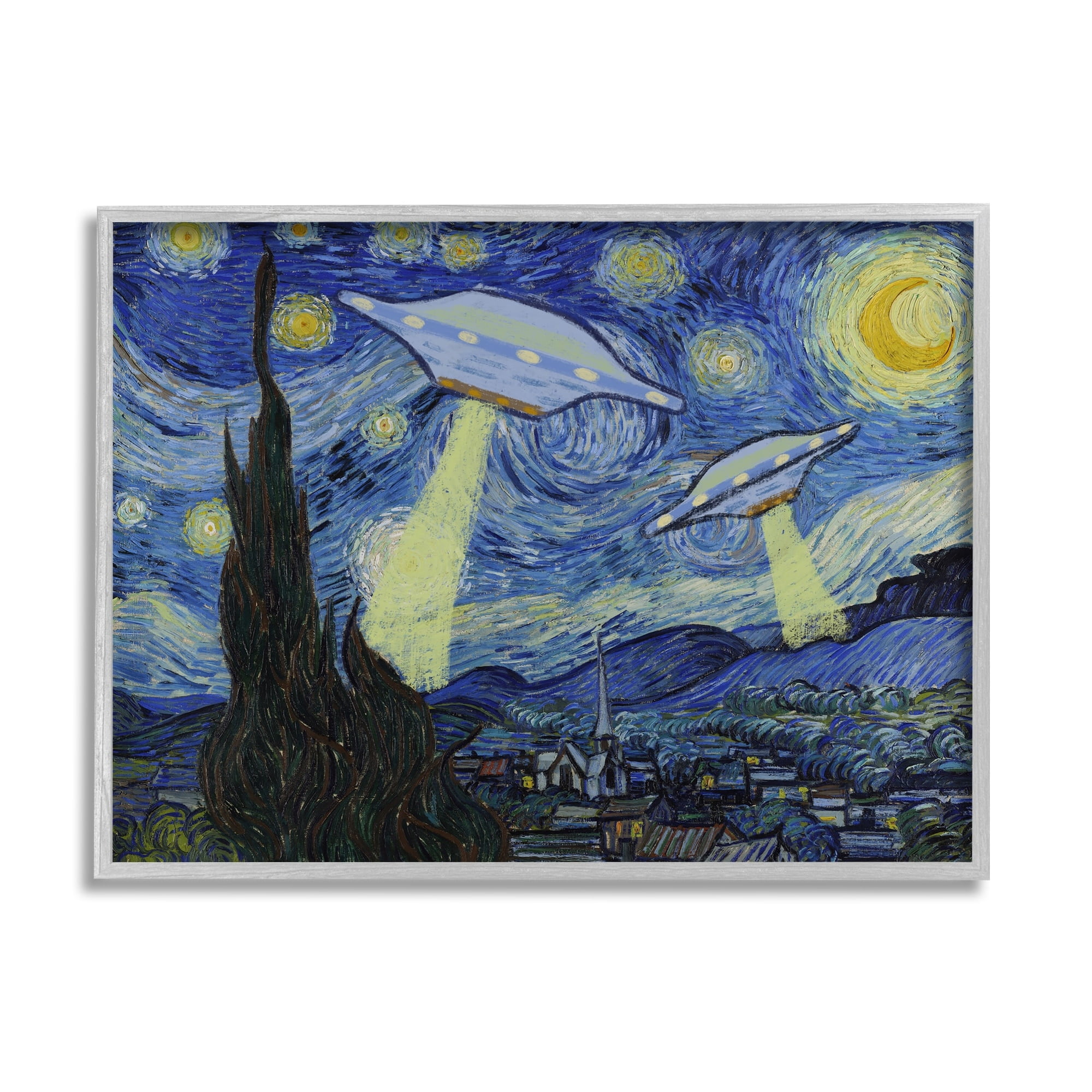 Stupell Industries Starry Night Classic Alien UFOs Fairy Tales & Fantasy Painting Gray Framed Art Print Wall Art