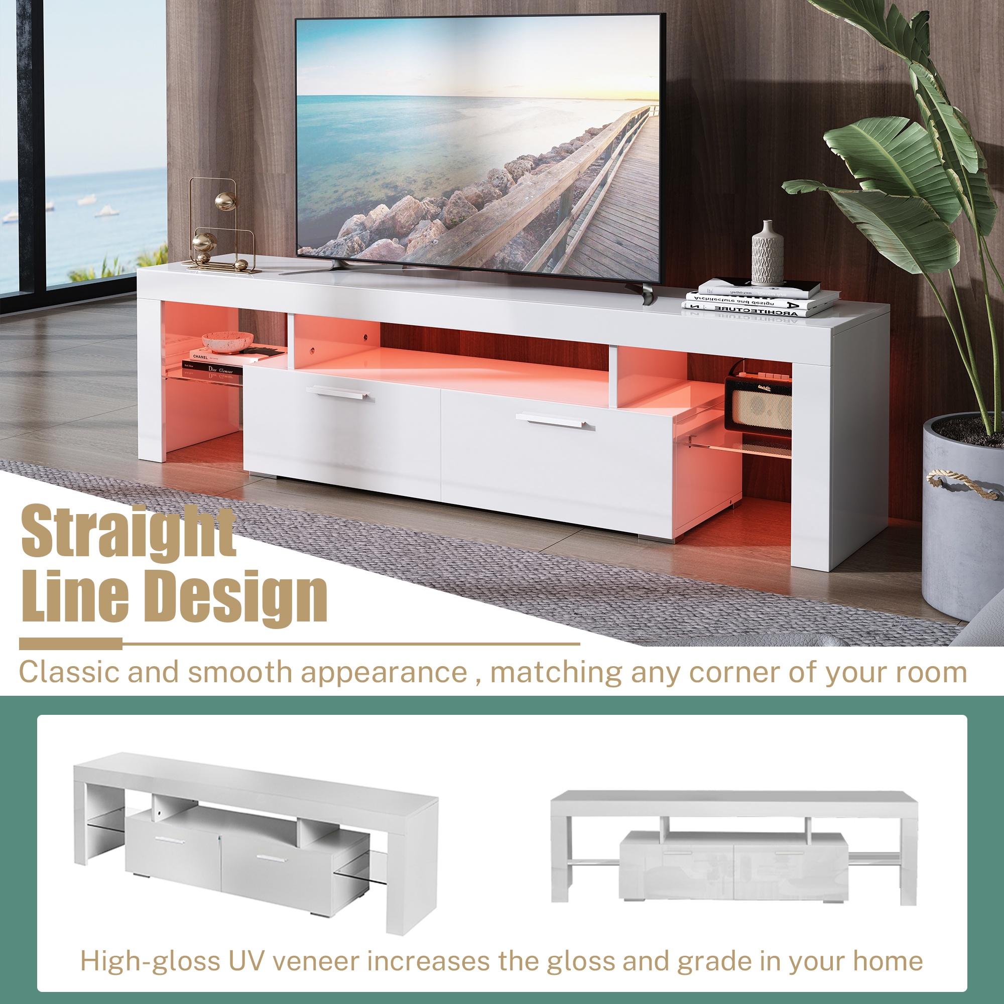 PAPROOS TV Stand for TVs up to 80", High Gloss TV Cabinet with LED Light, Modern TV Console Table with Storage Drawers, Media Television Stand Entertainment Center, White